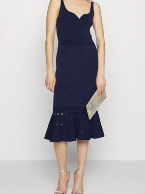 New Ted Baker London Navy Blue Ribbed Knit Sweetheart Midi Dress